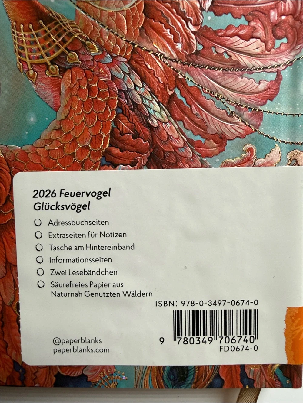 NEW - GERMAN Paperblanks 2026 Mini 12-Monatskalender - Red & Teal Phoenix Cover